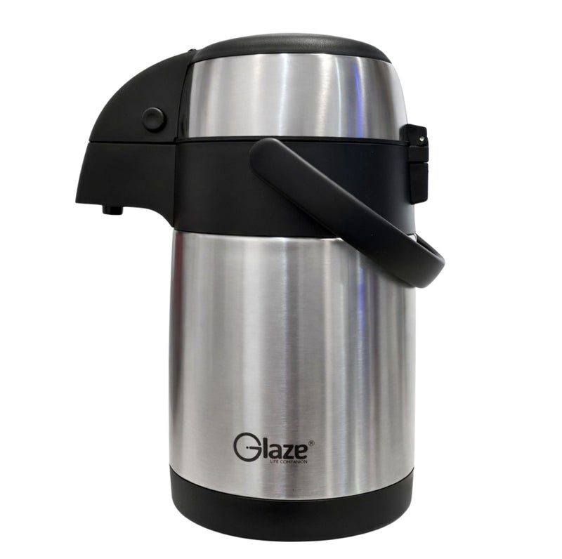 جليز ترمس حراري من الفولاذ المقاوم للصدأ سعة 2.5 لتر، موزع للقهوة والشاي - يحافظ على المشروبات ساخنة وباردة لمدة 24 ساعة - مزود بمضخة لتوزيع المشروبات - معزول بتفريغ الهواء مع مقبض حمل - فضي وأسود - Image 1